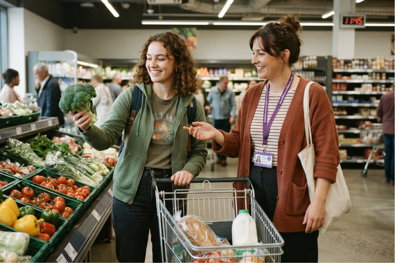 Young adult receiving support while shopping independently at a local supermarket.
